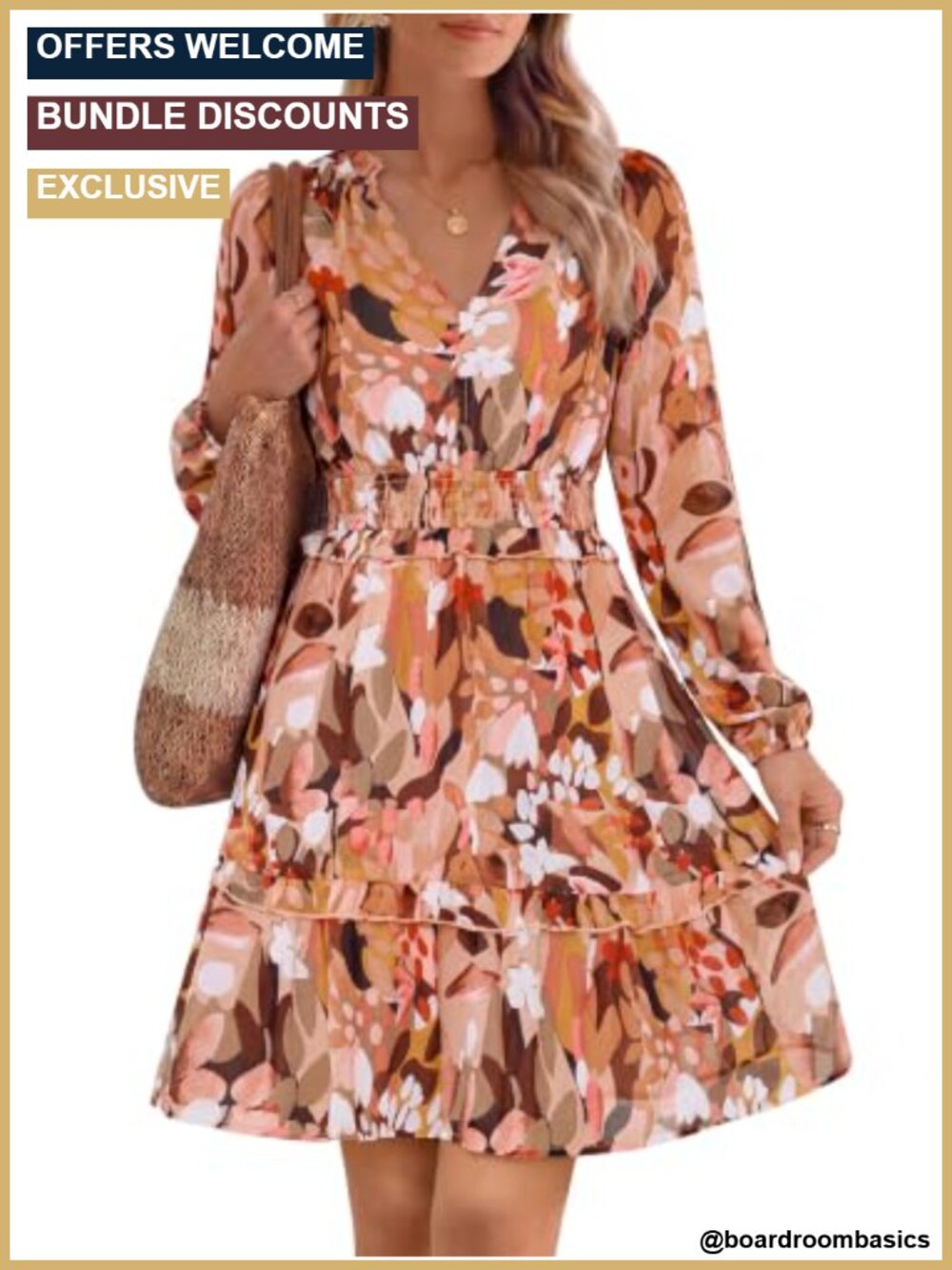 Boho Floral Chiffon Mini Dress Long Sleeve Smocked Waist